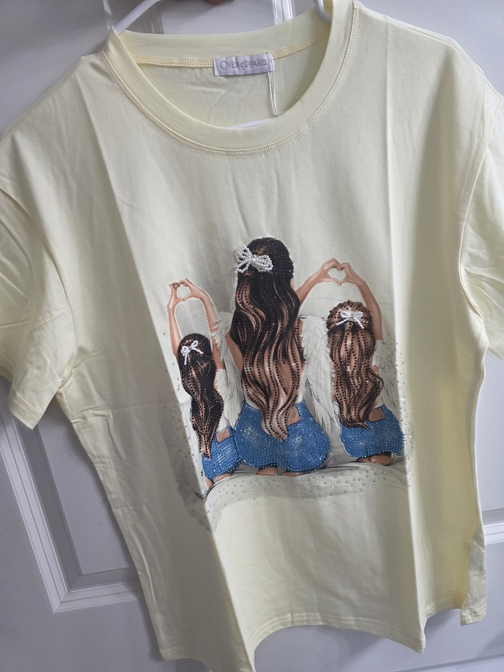 Pale Yellow Graphic Tee with Mother-Daughter Design With Rhinestones